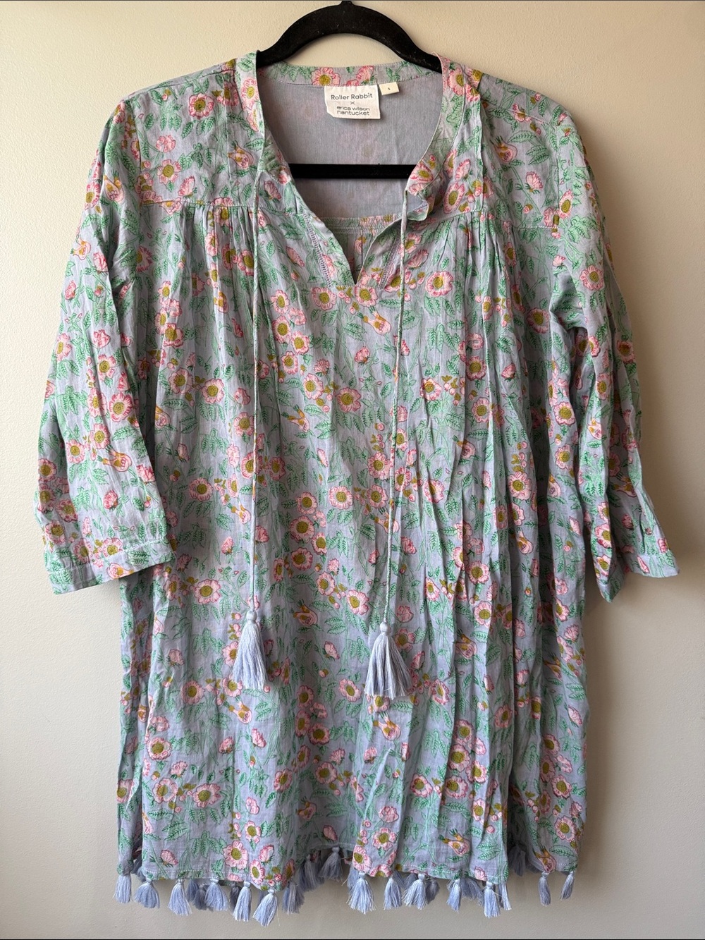Roller Rabbit lavender Mint Floral Tassel Mini Dress tunic cotton small